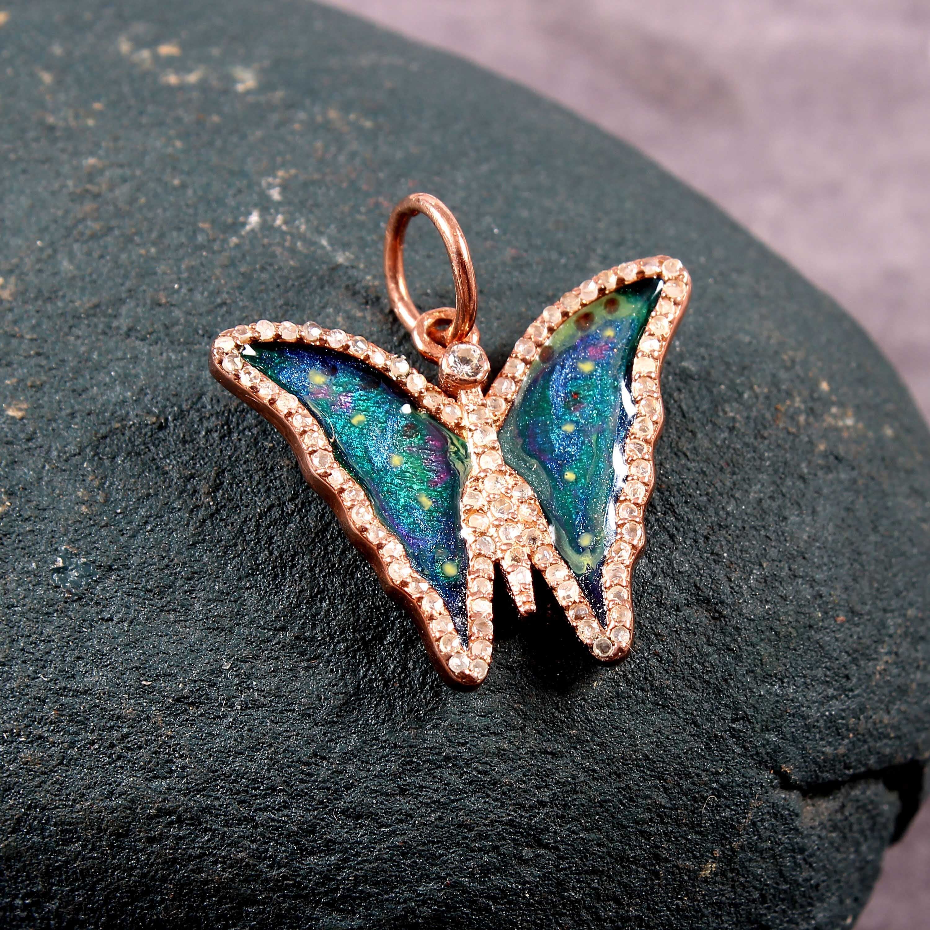 Pave Diamond Butterfly Enamel Pendant Studded With White Topaz | Etsy