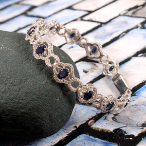 Blue Sapphire Bracelet Pave Diamond Sapphire Bracelet 925 Sterling Silver Handmade Natural Blue Sapphire Bracelet  Length 7.5&#39;&#39;