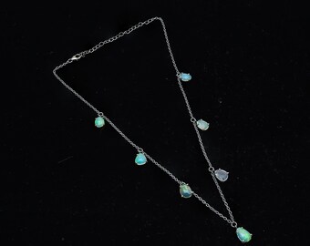 Natural Opal Necklace Set 925 Sterling Silver Over Black Oxidized 16 Inch Dainty Necklace