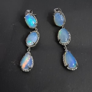 925 Sterling Silver Natural Opal Gemstone with Diamond Earring Real Diamond Handmed Jewerly Wedding Gift For Her Dangle Drop Earrings.