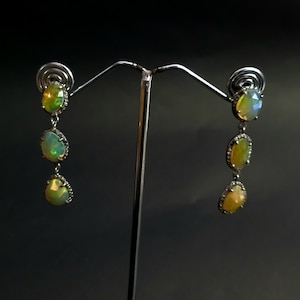 Natural fire opal earring 925 sterling silver opal diamonds pave diamonds black oxidized dangle & drop earring12x47mm