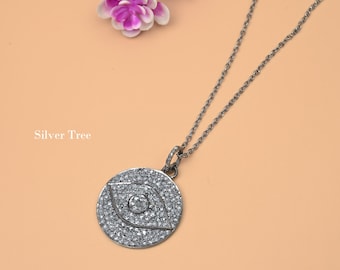 Evil Eye Pendant: Black Oxidized 925 Sterling Silver Pave Diamond Necklace