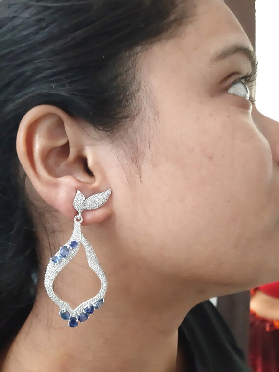 Dangle & Drop Earring Women Earring Studded With Blue Corundum, White Topaz Gemstone,Dangle Earring,Gemstone Earring, Lightweight Earring