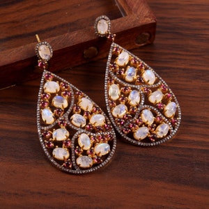 Dangle Drop Earring 925 Sterling Silver Pave Diamond With Rainbiow ,Granet Gemstone Earring 14k Gold Plated