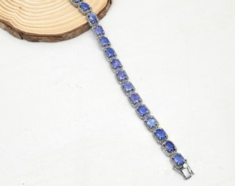 Tanzanite Bracelet Studded With Natural Pave Diamond 925 Sterling Silver Black oxidized Handmade Bracelet 7.0 Inch