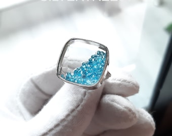 Sterling Silver Shaker Ring: Pave Diamond, Colorful Stone (20x20mm)