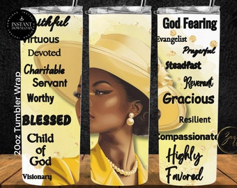 Black Woman Christian Tumbler Wrap, 20oz Skinny Tumbler Sublimation Design, African American Art Digital Download, Black Woman w/ Church Hat