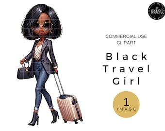 African American Travel Clipart PNG, Black Woman Clipart Travel, Instant Download, Single Image Clipart For Commercial Use, Black Girls Trip