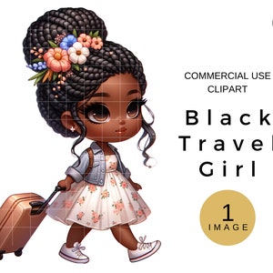 Black Girl Travel Clipart, Mujer afroamericana con maleta Clip Art, Mujer de viaje PNG, Descarga digital de sublimación, Chicas con trenzas