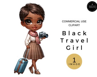 Clipart di viaggio afroamericano, ClipArt di donna con valigia, PNG di viaggio ragazza nera, Download digitale di ragazza di moda, Immagine di volo e di viaggio