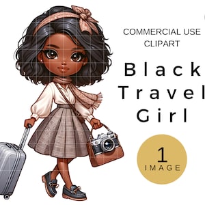 African American Travel Clipart, Woman With Suitcase Clip Art, Black Girl Travel PNG, Fashion Girl Digital Download, Flight and Travel Image