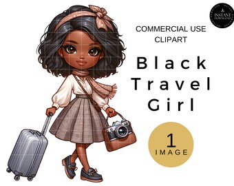 African American Travel Clipart, Woman With Suitcase Clip Art, Black Girl Travel PNG, Fashion Girl Digital Download, Flight and Travel Image