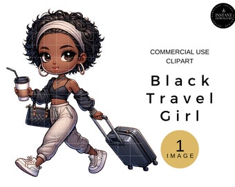 Black Woman Clipart Travel, African American Travel Clipart PNG, Instant Download, Single Image Clipart For Commercial Use, Black Girls Trip