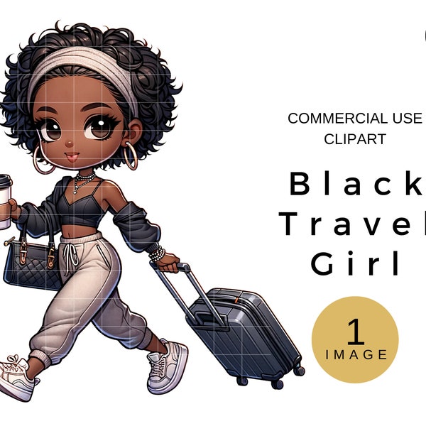 Black Woman Clipart Travel, African American Travel Clipart PNG, Instant Download, Single Image Clipart For Commercial Use, Black Girls Trip