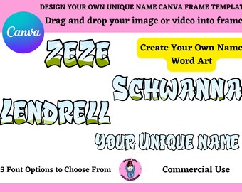 Faça seu próprio nome, modelo de quadro Word Art Canva, letras preenchíveis em Canva, fotos ou padrões fáceis de arrastar e soltar para Canva, design de sublimação