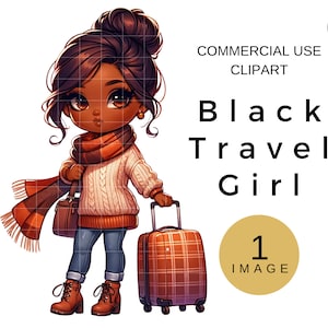 Fall Fashion Girl, African American Travel Clipart, Woman With Suitcase Clip Art, Black Girl Travel PNG, Sublimation Digital Download Image