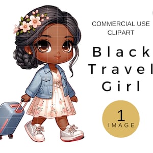 Black Girl Travel Clipart, African American Woman With Suitcase Clip Art, Travel Woman PNG, Sublimation Digital Download, Spring Clipart