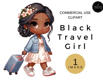 Black Girl Travel Clipart, African American Woman With Suitcase Clip Art, Travel Woman PNG, Sublimation Digital Download, Spring Clipart