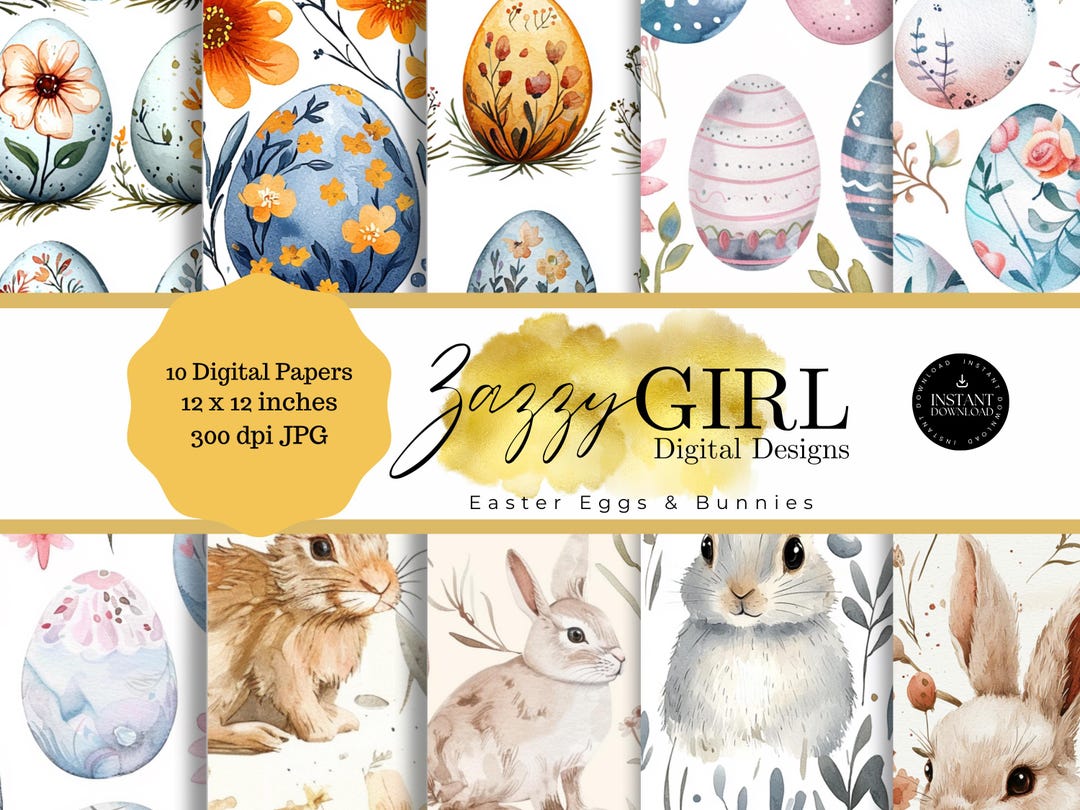 Easter Digital Paper Pack, Watercolor Bunnies & Eggs, Seamless Pattern ...
