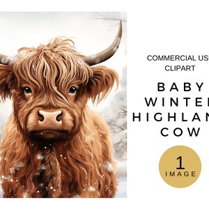 Adorable bébé vache Highland, téléchargement immédiat de vache Highlander, une seule image des cliparts pour un usage commercial, conception png de vache Highland d'hiver, neige