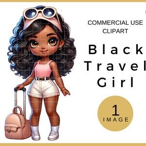 Mujer negra viajando clipart, chica negra con maleta, diseño de sublimación para niñas camisas de viaje mujeres negras, muñecas chibi afroamericanas