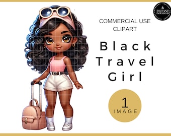 Black Woman Traveling Clipart, Black Girl with Suitcase, Sublimation Design for Girls Trip Shirts Black Women, African American Chibi Dolls
