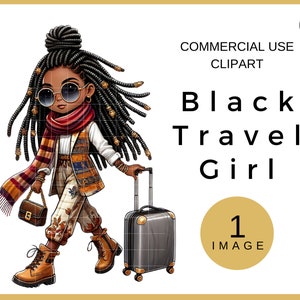 Black Woman Travel Clipart, Diseño de sublimación para Cricut & Cameo, Chica negra de moda con trenzas, Chica negra con maleta Diseño PNG