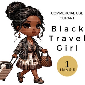 Fall Fashion Girl, African American Travel Clipart, Woman With Suitcase Clip Art, Black Girl Travel PNG, Sublimation Digital Download Image