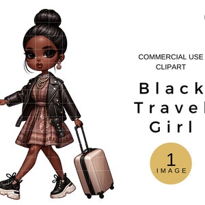 Black Travel Girl Fashion, African American Travel Clipart PNG, Instant Download, Single Image Clipart For Commercial Use, Black Girls Trip