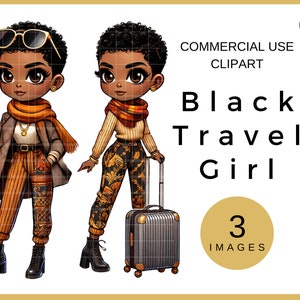 Clipart de viagem de garota negra, garota negra com mala PNG, design de camisa de sublimação de viagem de garotas negras, download digital de arte afro-americana