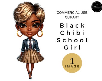 Chibi Doll African American, Fashion Girl PNG, Chibi Style Woman Clipart, Black Girl Digital Clip Art for Planner, Back to School Images