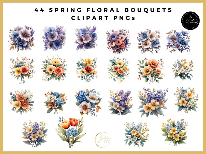 Watercolor Floral Bouquet Clipart PNG Bundle, Spring Flowers for ...