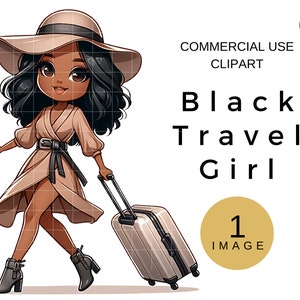 Black Woman Travel Clipart, African American Woman With Suitcase Clip Art, Travel Woman PNG, Sublimation Digital Download, Fashion Girl PNG