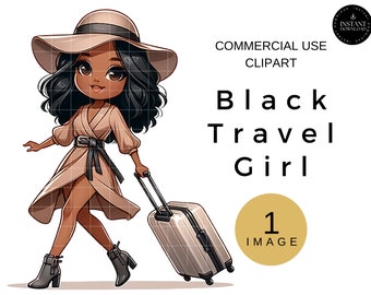 Black Woman Travel Clipart, African American Woman With Suitcase Clip Art, Travel Woman PNG, Sublimation Digital Download, Fashion Girl PNG