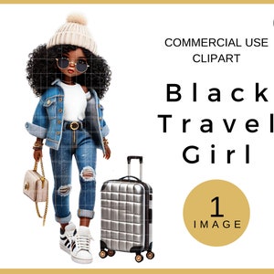 Black Women Travel Clipart, Black Girl with Suitcase PNG, Sublimation Design for Black Woman Girls Trip Shirts, Commercial Use Image
