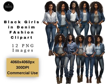 Fashion Girl Clipart Bundle, Denim Girl Clipart, African American Clipart, Black Girl Fashion Clipart, Afro Girl PNG Clipart, Women in Jeans