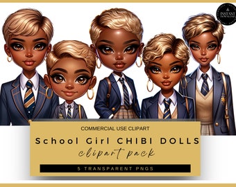 Chibi Doll Clipart Bundle, Chibi Style Woman Clipart, African American Girl Back to School Clipart, Black Girl Fashion, PNG For Sublimation