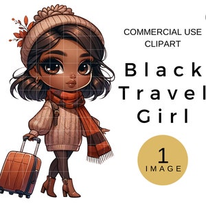 Fall Fashion Girl, African American Travel Clipart, Woman With Suitcase Clip Art, Black Girl Travel PNG, Sublimation Digital Download Image