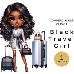 African American Travel Clipart, Woman With Suitcase Clip Art, Black Girl Travel PNG, Fashion Girl Digital Download, Flight and Travel Image