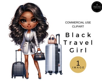 Clipart di viaggio afroamericano, ClipArt di donna con valigia, PNG di viaggio ragazza nera, Download digitale di ragazza di moda, Immagine di volo e di viaggio