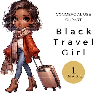 Herbst Mode Mädchen, afroamerikanische Reise Clipart, Frau mit Koffer Clip Art, schwarze Mädchen Reise PNG, Sublimation digitaler Download Bild