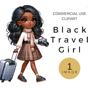 African American Woman With Suitcase and Camera, Black Girl Travel PNG Clipart, Sublimation Digital Download, Black Girls Trip Clip Art
