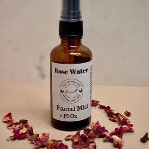 Rose Floral Water, facial toner, hydrating mist 2oz amber glass bottle, mist nozzle.