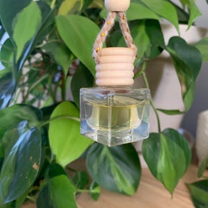 May include: A clear, square glass bottle with a wooden top and a hanging rope. The bottle contains a yellow liquid. The background features green and yellow leaves.