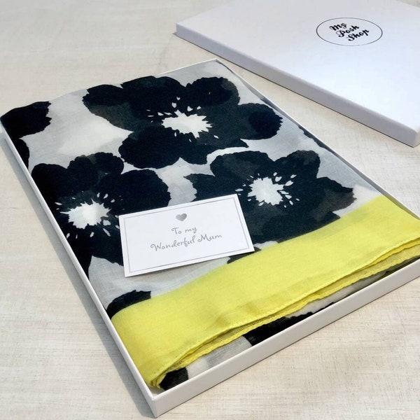 Black and Yellow Bold Petal Sketch Scarf In Gift Box