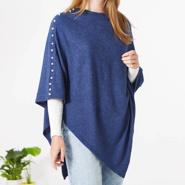 Wool Knit Poncho With Pearls