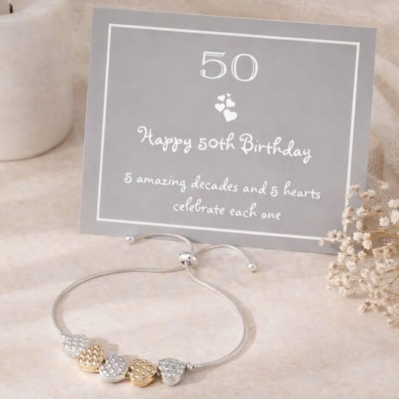 50th Birthday Drawstring Five Heart Bracelet: 50th gift for her