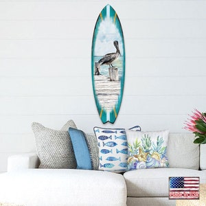 Pelican Surfboard Wall Art – Handcrafted Wooden Coastal Decor for Beach House – Unique Scenic Coastal Design - Nautical Decor - 8490107HS
