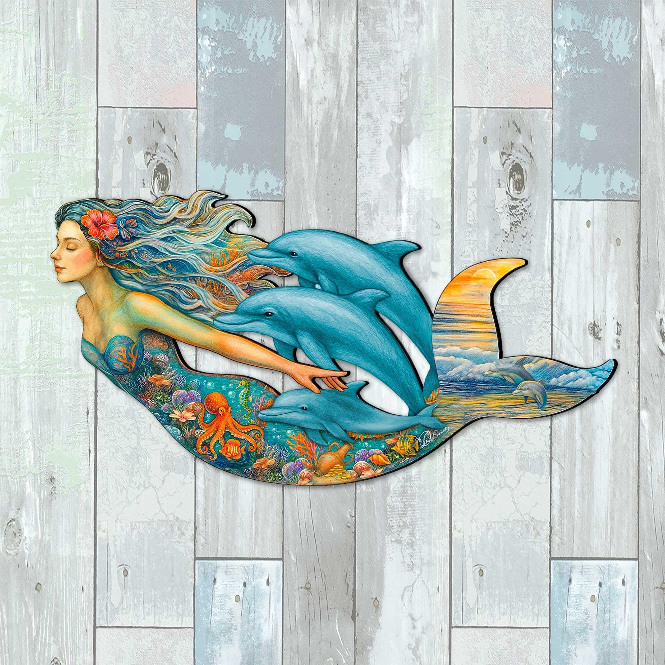 Mermaid & Dolphins Coastal Door Hanger - Handcrafted Ocean Fantasy Art ...