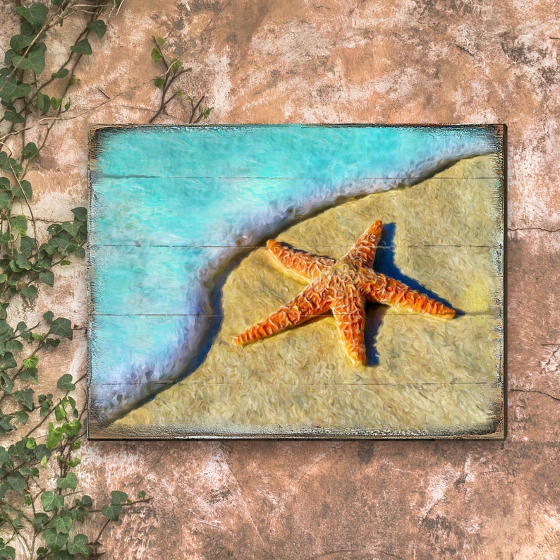 Beach Wall Decor Wall Art Starfish Wood Block Art on Etsy